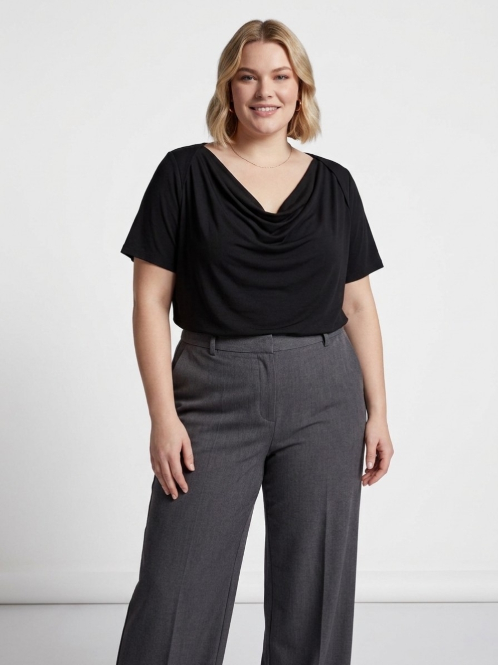 George Black Draped V-Neck Short Sleeve Blouse